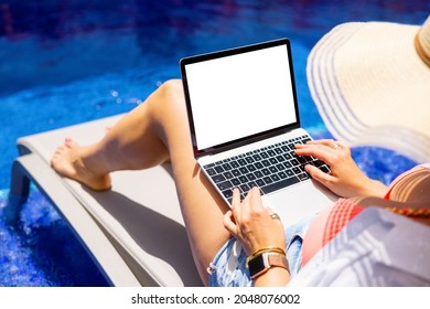 Woman Working With Laptop Computer By The Pool, Screen Mockup