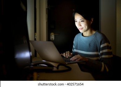 Woman Working With Laptop Computer At Night