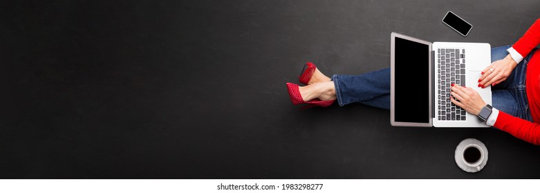 Woman Working With Laptop On Dark Floor, View From Above, Banner Size