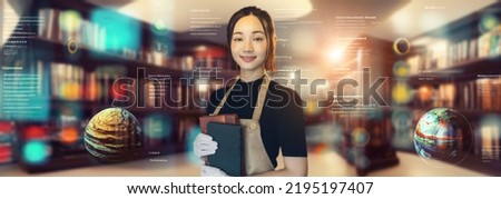 A woman working in a library and an image of a book. Museum. Librarian. Curator. Wide image for banners, advertisements.