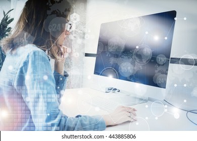 Woman Working Modern Desktop Monitor Hand Use Mouse.Account Manager Researching Process.Business Team New Startup Loft Office.HiTech Digital Diagrams Interfaces Effect.Analyze market stock.Blurred