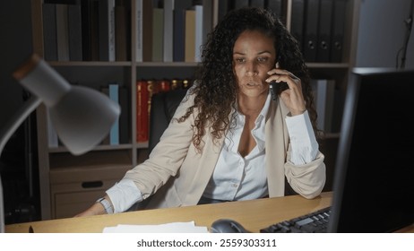 Woman working in an office at night, talking on phone with serious expression, surrounded by bookshelves and desk lamp, referring papers, focused on computer. - Powered by Shutterstock