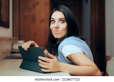 
Woman Working On Her Tablet Worried About Data Privacy. Woman Hiding Her Screen Concerned About Internet Security Of Her Personal Information
