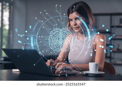 Woman working on a laptop with digital brain circuitry overlay. Modern office background. Concept of artificial intelligence and technology integration - Powered by Shutterstock