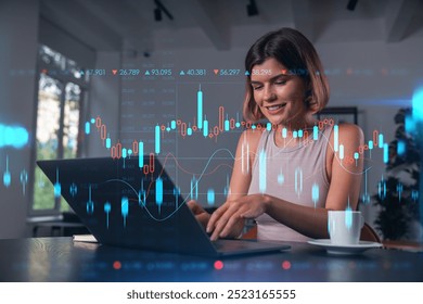 Woman working on a laptop with a stock market graph overlay. Modern office background. Concept of finance, trading, technology, and business growth - Powered by Shutterstock