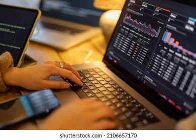 Woman working on some programming dashboard on laptop, close-up on hands and keyboard. Programmer, software tester or analyst working online