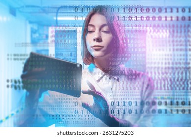Woman working on tablet in data center with digital code overlay, representing cybersecurity, data processing, and IT analysis. – IT. Cybersecurity. Data Science. - Powered by Shutterstock - Get 15% off with code: PIKWIZARD15