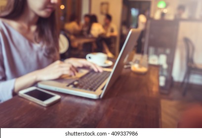 Woman Working Outdoor In Coffee Shop, Bokeh Light, Vintage Tone