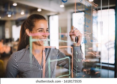 Woman Working And Writing On The Glass Board In Office. Business, Technology, Research Concept