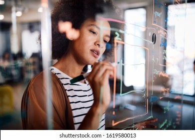 Woman working and writing on the glass board in office. Business, technology, research concept