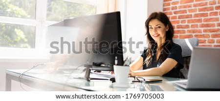 Woman At Workplace. Manager Doing Business Communication In Office
