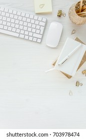 Woman Workspace With Computer, Accessories, Diary, Glasses On White Background. Lay Flat Home Office Desk. Top View Feminine Background.