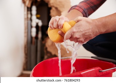 Woman wringing water out of a sponge into a bucket, detail