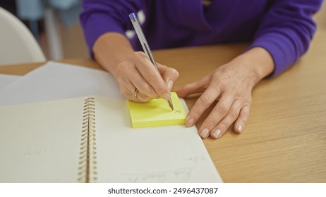 A woman writes on a sticky note at a wooden table indoors, illustrating planning or organization in a home setting. - Powered by Shutterstock