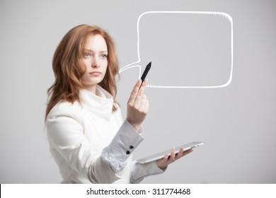 woman writes in a painted speech bubble - Powered by Shutterstock