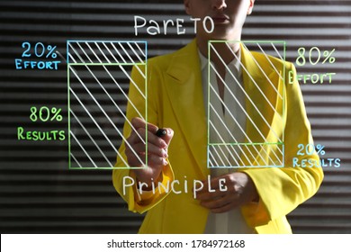 Woman writing 80/20 rule representation on glass board in office, closeup. Pareto principle concept