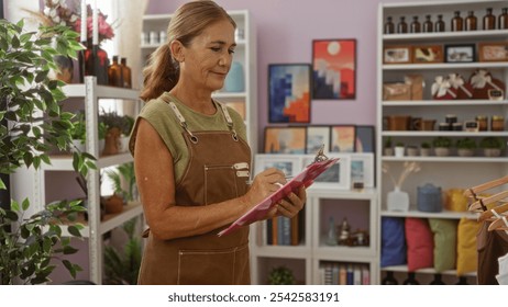 Woman writing in a clipboard at a home decor store, surrounded by plants, decor items, and colorful art on the walls - Powered by Shutterstock