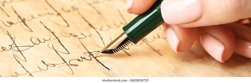 Woman writing letter with fountain pen, closeup. Banner design - Powered by Shutterstock