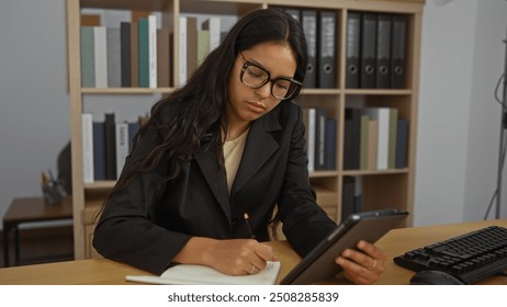 Woman writing notes on tablet at workplace with organized bookshelves in background - Powered by Shutterstock