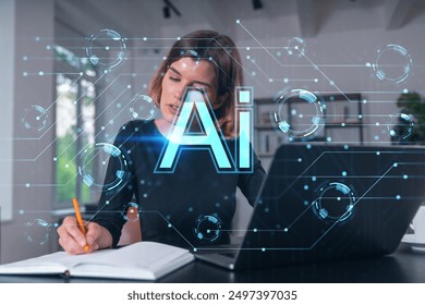 Woman writing notes, working on laptop with AI graphics overlay. Modern office background. Concept of artificial intelligence and technology integration - Powered by Shutterstock