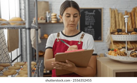 Woman writing on clipboard in bakery room with various pastries in the background, showcasing an indoor, shop atmosphere with a young, attractive, hispanic, brunette adult person. - Powered by Shutterstock