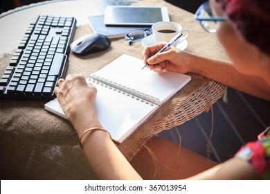 woman writing shot memories note white paper and relaxing time   emotion