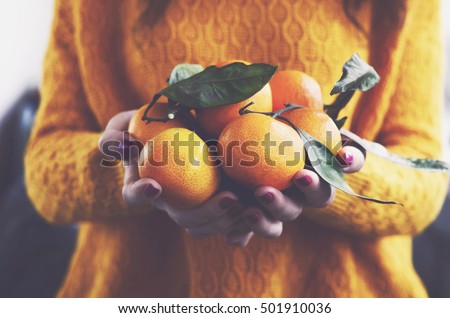 Woman in yellow knitted pullover with ripe clementines in her hands