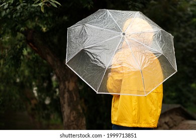 Woman In Yellow Raincoat With Umbrella Turned Back In Autumn In The Rain