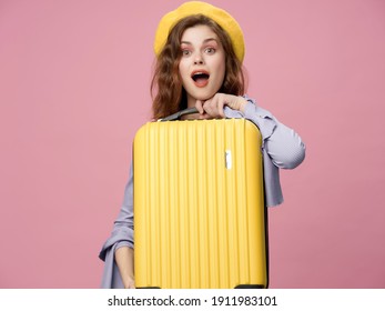 Woman Yellow Suitcase Travel Passenger Pink Background