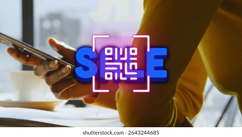 Woman in yellow top holding smartphone at desk by window, with neon QR code spelling SCAN. Technology, communication, urban, modern, productivity, digital, innovation - Powered by Shutterstock - Get 15% off with code: PIKWIZARD15