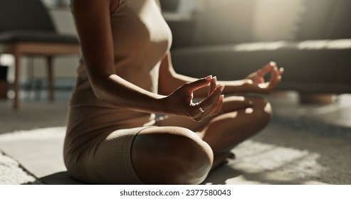 Woman, yoga and meditation hands on floor, house and peace for chakra balance, relax and healthy in living room. Girl, body and spiritual for pilates, closeup and wellness with zen mindfulness - Powered by Shutterstock