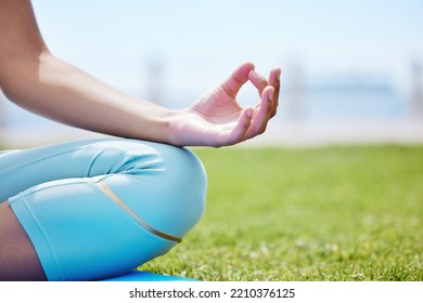 Woman Yoga Meditation, Zen And Mudra Hands In Lotus Pose For Nature Exercise, Workout And Peace Outdoor Grass. Calm Energy, Health And Focus Person In Lotus Training For Mindset, Wellness And Relaxed