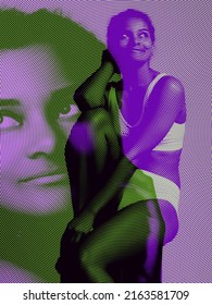 Womanhood. Woman's Portrait With Glitch Duotone Effect. Colorful Halftone. Multiple Exposure, Fashionable Beauty Photo. Art, Creativity, Diversity, Youth Culture, Ad. Design For Poster, Magazine Cover