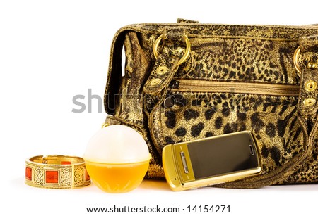 womanish handbag, bracelet, perfume and mobile phone