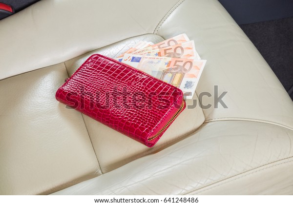 Womanly red wallet with euro money on the\
leather seat in the car interior.  Car purchase, insurance and\
expenses. Money on fuel and repairs. Travel\
money.