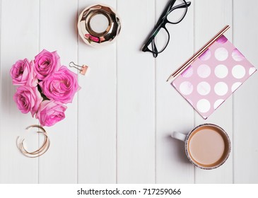 Woman's Accessories, Roses And Coffee. Styled Desktop, Top View