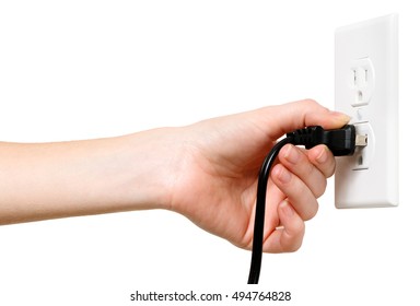 Woman's Arm And Hand With Electrical Outlet And Plug Isolated On White Background