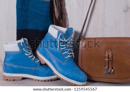 Womans bag, boots, scarf. Urban casual clothes warm winter