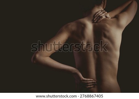 Woman's bare back is being highlighted in low-key 3D render showing spine and shoulder contours. Fitness, physique, anatomy, art, sculpture, wellness, serenity