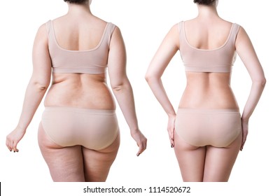 Woman's body before and after weight loss isolated on white background, plastic surgery concept - Shutterstock ID 1114520672
