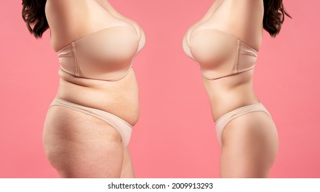 Woman's body before and after weight loss on pink background, plastic surgery concept