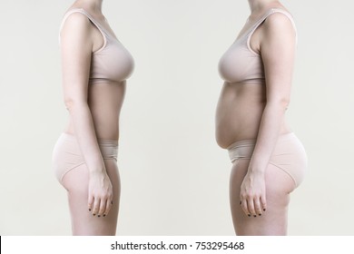 Woman's body before and after weight loss on a beige background
