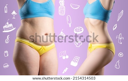 Woman's body before and after weight loss on a lilac background with painted food, plastic surgery concept