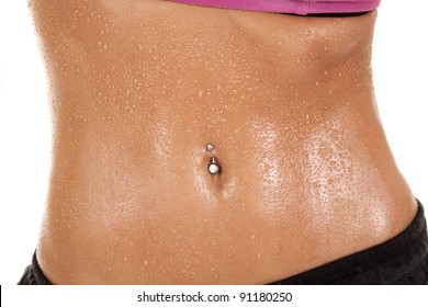 A womans body in a pink sports bra.  She is covered in sweat.
