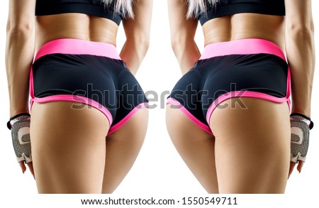 Woman's buttocks in sports shorts before and after muscles growth. Over white background