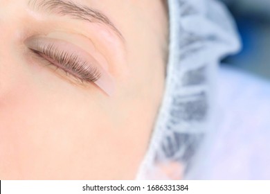 Woman's Closed Eye With Bending Lashes On Curlers, Lift Eyelashes Laminaton, Closeup View. Making Lash Lifting In Cosmetology Clinic For Young Girl.