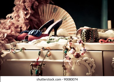 woman's dressing table with lot of fashion accessories