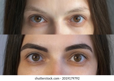 Woman's eyes before and after lash lifting laminating and eyebrow painting procedure.Soft focus
