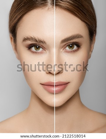 Woman's face before and after eyebrow styling, collage on a gray background. Eyebrow shape before and after grooming