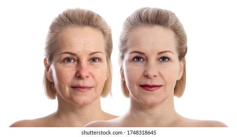 Woman's Face Before And After Makeup. Close Up